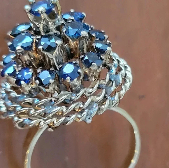 VINTAGE 14K YELLOW GOLD HAND MADE NATURAL SAPPHIRE RING BASKET DESIGN SIZE 7 3/4 - Picture 2 of 14